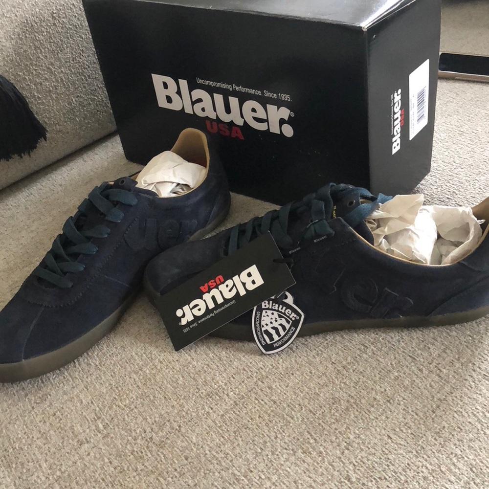 NWT and box: Blauer USA Men’s Blue Suede Sneakers